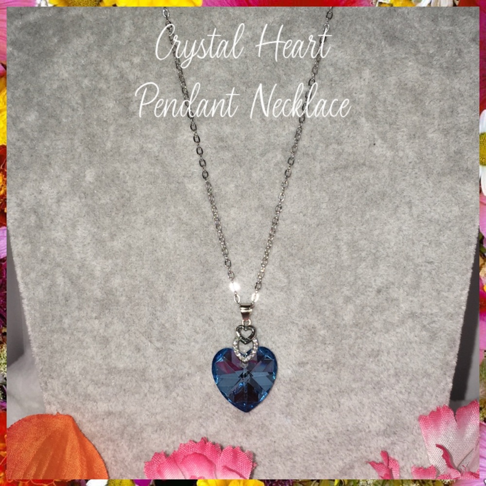 Ocean Blue Crystal Three Heart Pendant Necklace